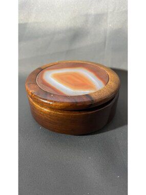 Wooden Round Trinket Box With Agate Inlay Lid Made In Brazil